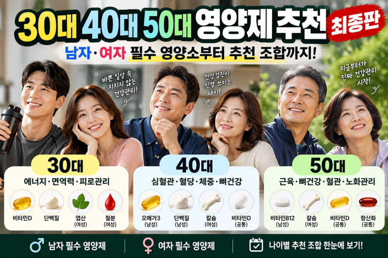 30대·40대·50대 필수 영양소 & 영양제 총정리｜남자·여자별 추천부터 복용법, 주의사항까지