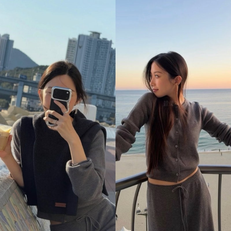 문가영 사복패션, 회색 니트 가디건 셋업에 후드 스카프 어디꺼?