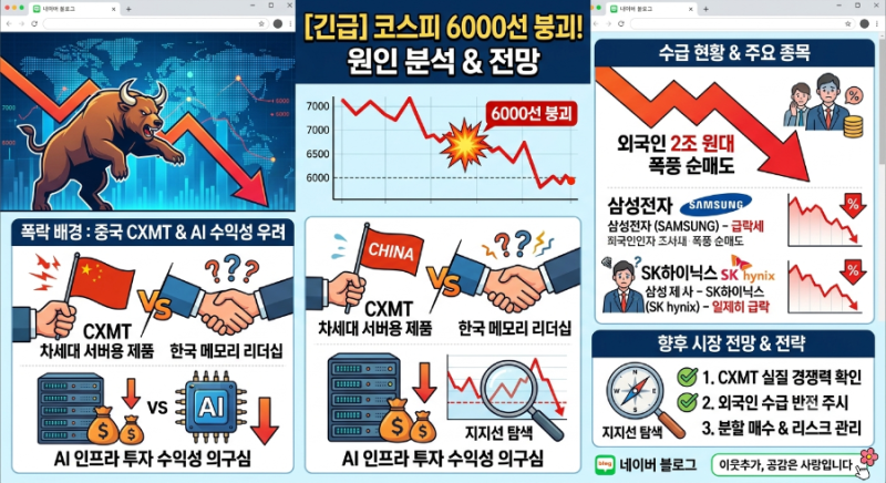 [긴급] 코스피 장중 6000선 붕괴! 삼성전자·SK하이닉스 폭락 원인은? (중국 CXMT 공습 & AI 수익성....