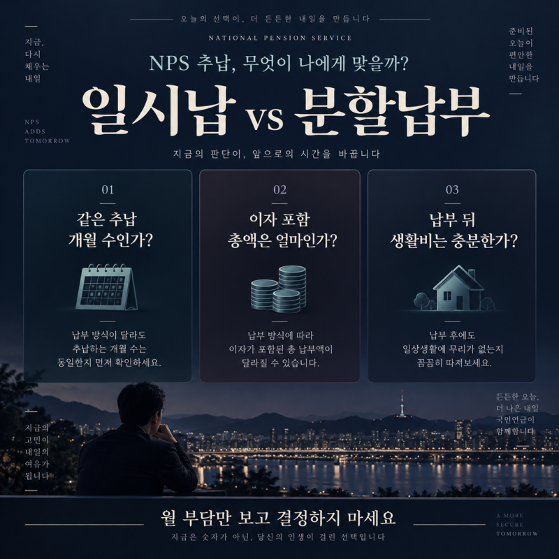 국민연금 추납 일시납·분할납부, 월 부담보다 총액과 현금흐름을 비교하세요