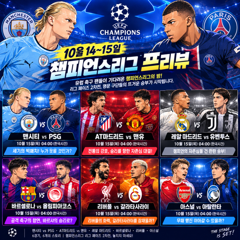 ⚽ 10월 14~15일 해외축구 챔피언스리그 프리뷰｜맨시티 vs PSG·AT마드리드 vs 맨유·레알 마드리....