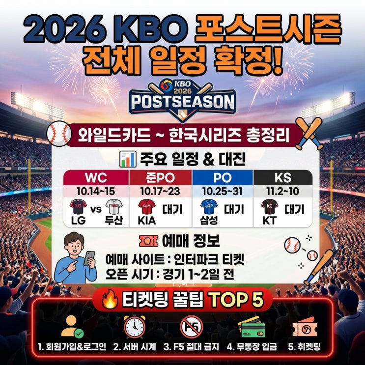 2026 KBO 포스트시즌 전체 일정 확정! 일정 및 예매 꿀팁! 방식·룰·티....