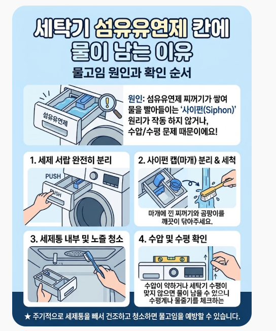 세탁기 섬유유연제 칸에 물이 남는 이유｜물고임 원인과 확인 순서