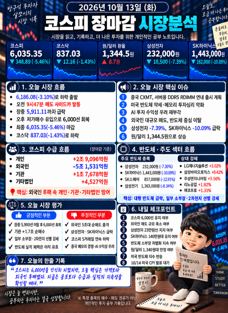 26.10.13 시장분석 - 코스피 5.46% 급락! 외국인 5.1조 매도, 삼성전자와 SK하이닉스 폭락 이유