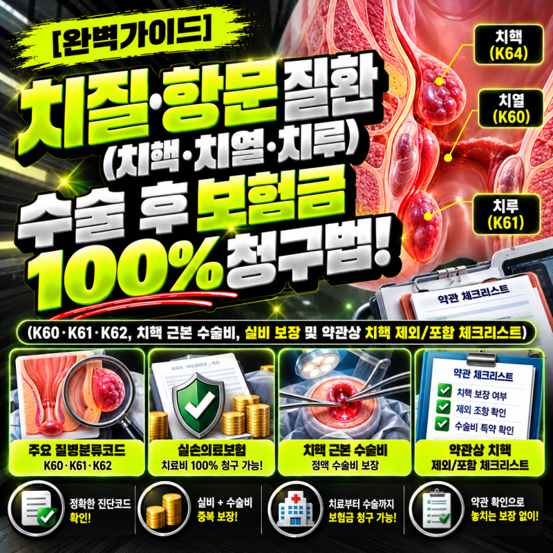 [완벽가이드] 치질·항문 질환(치핵·치열·치루) 수술 후 보험금 100% 청구법! (K60·K61·K62, 치핵....