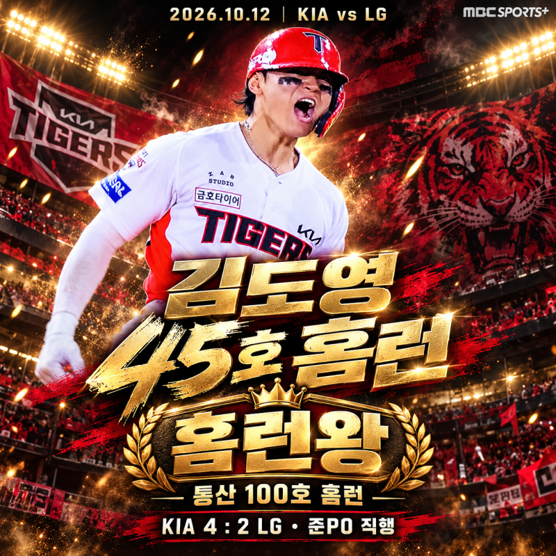 홈런왕 기아 타이거즈 김도영 시즌 45호·통산 100호 홈런! KIA, LG 꺾고 3위 확정_2026년 10월 12일