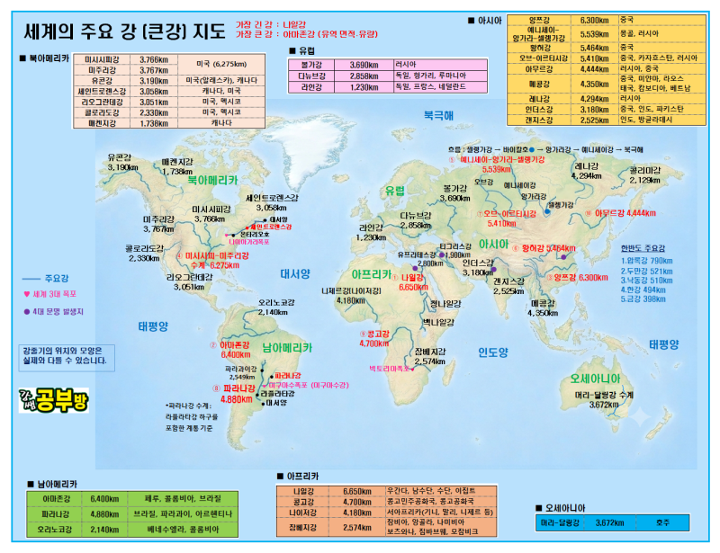 세계 주요 큰강 지도 (대륙별 위치) & 가장 긴강 Top 10 & 4대문명 위치 & 3대폭포 위치