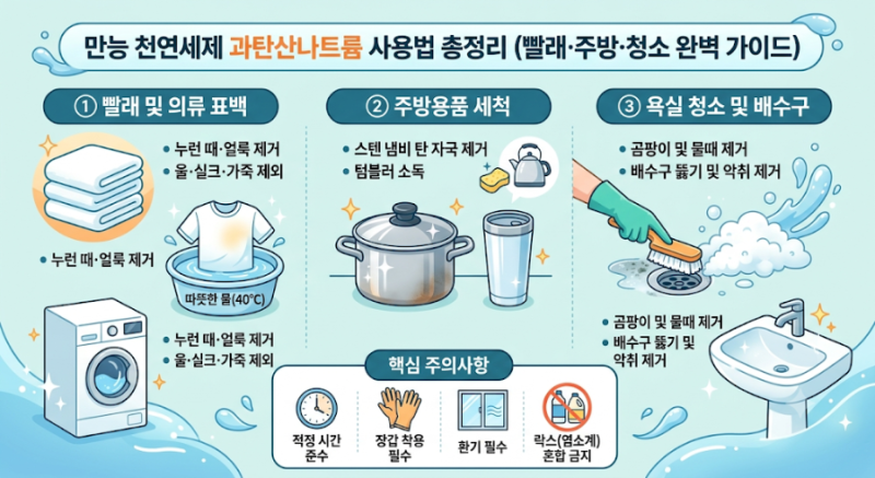 만능 천연세제 과탄산나트륨 사용법 정리 (빨래·주방·청소 완벽 가이드)