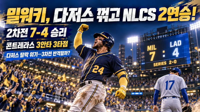 다저스 NLCS 2연패 탈락 위기! 밀워키 7-4 승리, 콘트레라스 3타점·3차전 일정은?