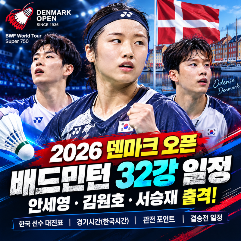 2026 덴마크 오픈 배드민턴 32강 일정 총정리｜안세영·김원호·서승재 출격! 한국 선수 대진표....