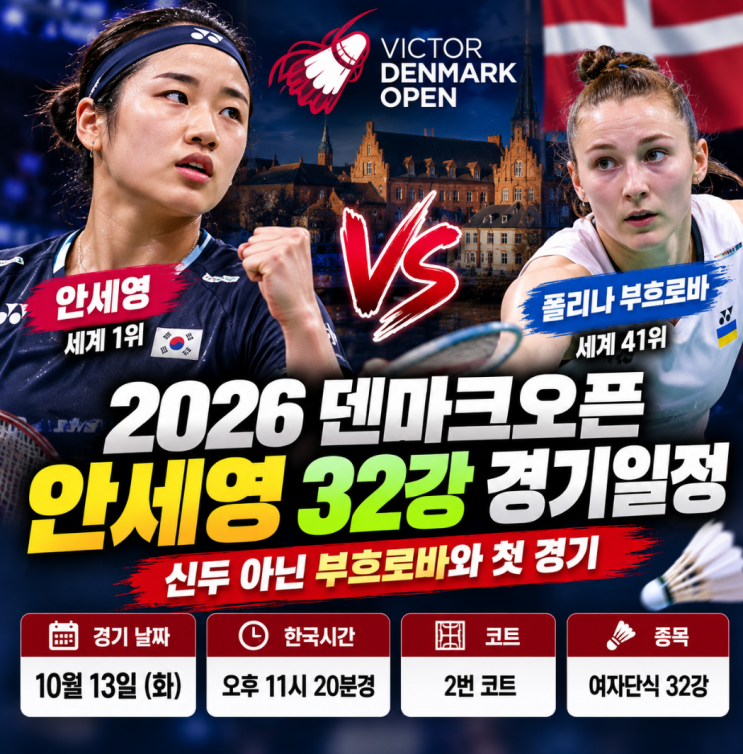 <b>안세영</b> 2026 덴마크오픈 경기일정 변경｜32강 상대 부흐로바, 한국시....