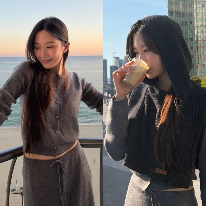 현백코어 창시자 배우 문가영의 니트 셋업 가디건, 스커트, 운동화 세트(레이지지)