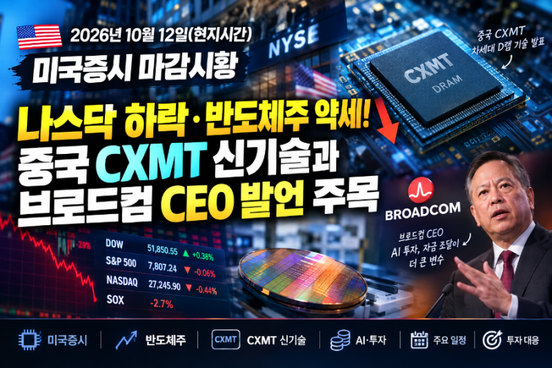 [2026년10월12일 현지시간 미국증시 마감시황] 나스닥 하락·반도체주 약세! 중국 CXMT 신기술과 ....