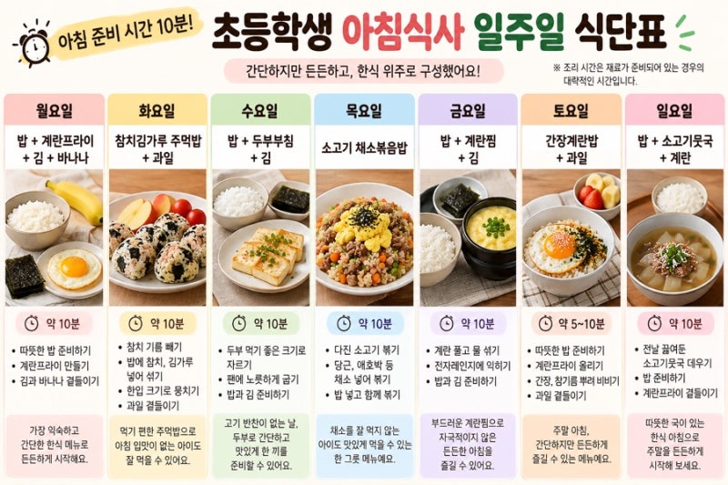 아침준비 시간 단 10분! 초등학생 아침식사 일주일 식단표