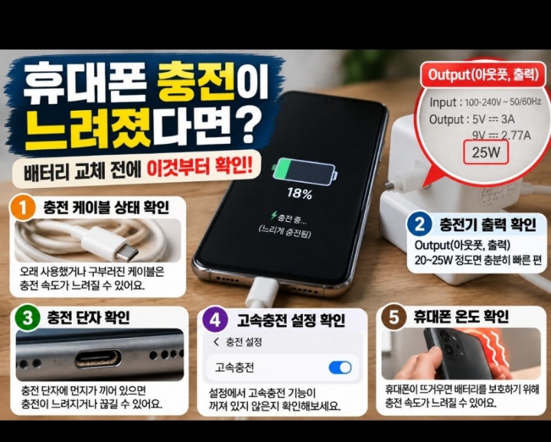 ♦️휴대폰 충전이 느려졌을 때/ 배터리 교체전에 먼저 확인해야 할 5 가지.