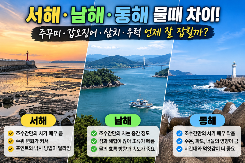 낚시초보탈출기 13편｜서해·남해·동해 물때 차이! 주꾸미·갑오징어·삼치·우럭 언제 잘 잡....