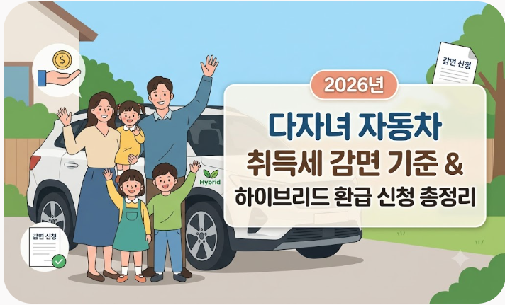 2026년 다자녀 자동차 취득세 감면 기준과 하이브리드 환급 신청 총정리