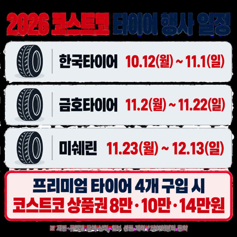 코스트코 타이어 행사 2026, 언제 가야 이득일까? 브랜드별 날짜·상품권·대기시간 팁