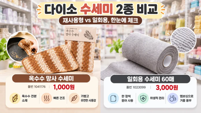 다이소 수세미 추천｜옥수수 망사 수세미·일회용 수세미 60매 가격·품번 비교