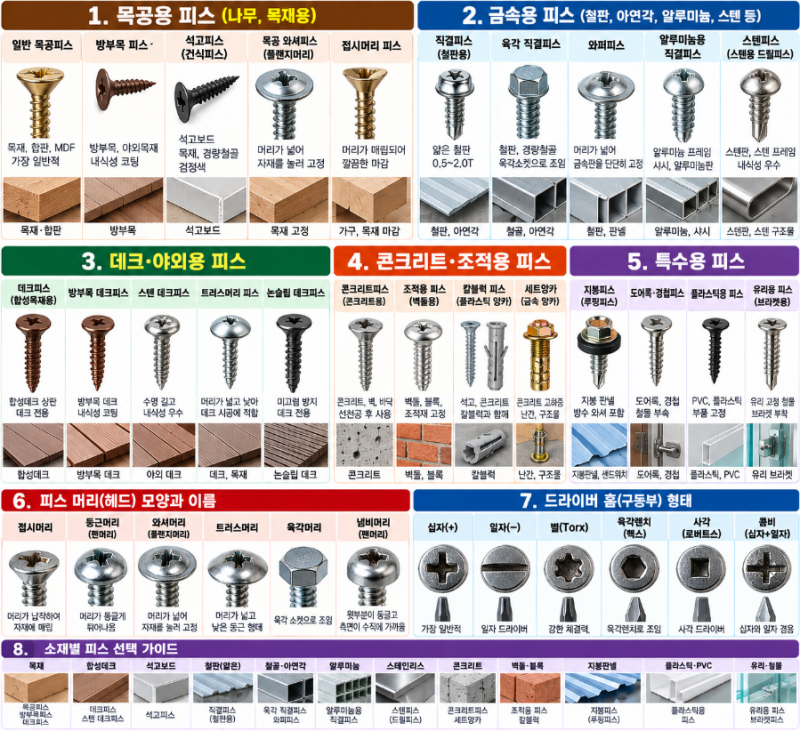 피스 종류와 이름 총정리! 목공용·금속용·콘크리트용·데크용 피스 제대로 알고 사용하자