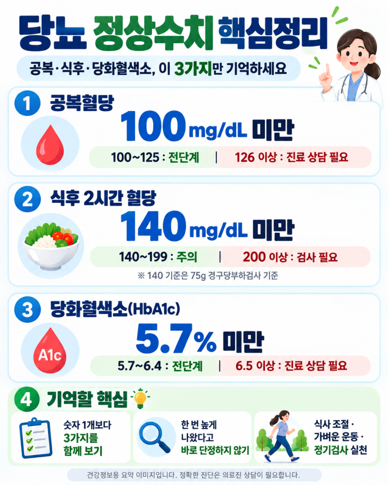 [당뇨정보] 당뇨 정상수치 총정리｜공복혈당 100, 식후혈당 140, 당화혈색소 5.7% 정확히 알기