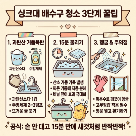 [살림꿀팁] 싱크대 배수구 청소 끝판왕! 과탄산소다 15분 세척 & 살림9단 식초 린스·식초얼음 ....