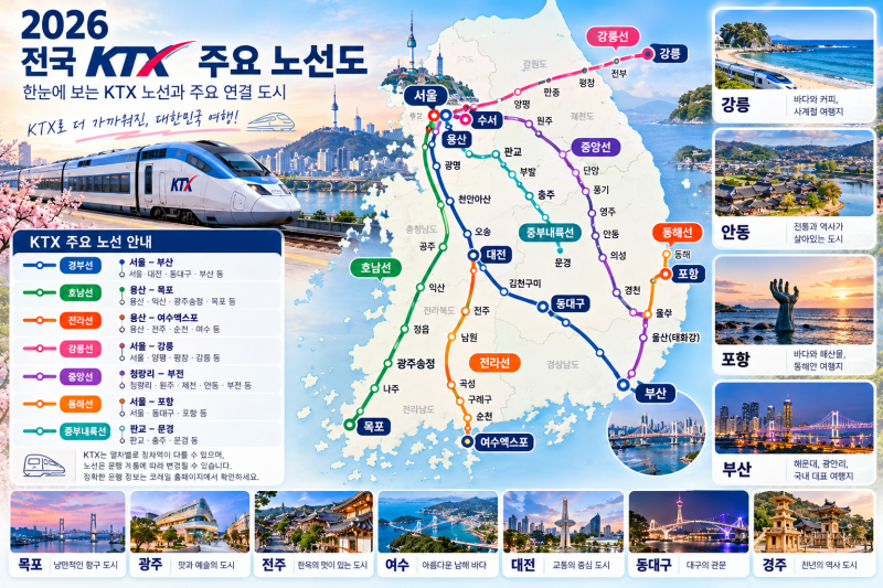 2026 전국 KTX 노선도 및 소요시간 총정리｜주요 정차역·도시별 이동시간·예약 방법