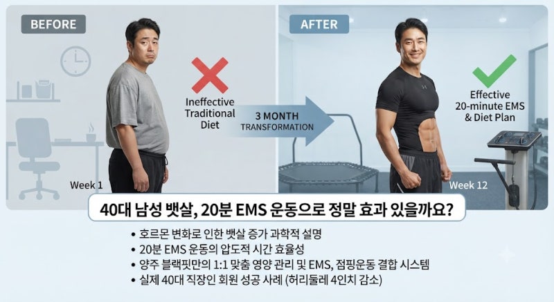 40대 남성 뱃살, 20분 EMS 운동으로 정말 효과 있을까요?