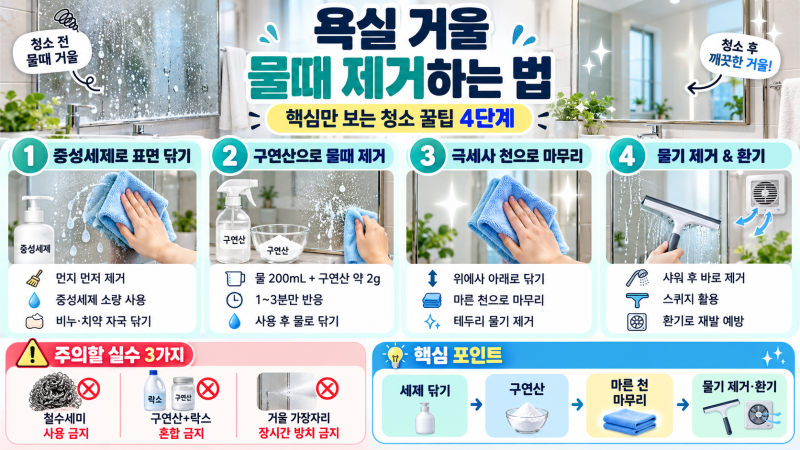 욕실 거울 물때 제거하는 법! 뿌옇게 변한 거울 깨끗하게 만드는 청소 비법 4단계 ✨