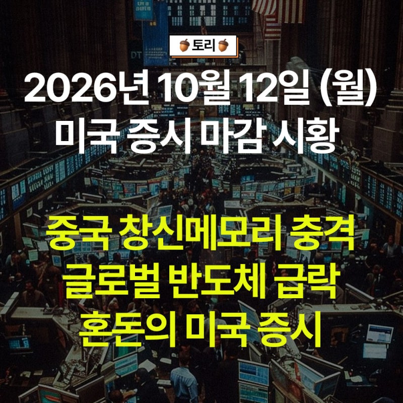 [2026년 10월 12일 미국 증시 마감 시황] 중국 창신메모리 충격에 반도체 급락