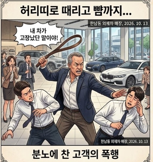 “허리띠로 때리고 뺨까지…” <b>외제차 매장</b>서 <b>난동</b> 부린 유명 기업....