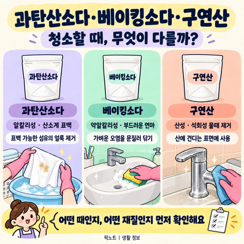 과탄산소다 vs 베이킹소다 vs 구연산 차이, 청소할 때 무엇을 써야 할까?