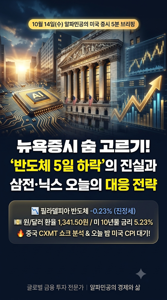 [오늘(10/14)의 미국 증시 5분 브리핑] 뉴욕 증시 숨 고르기, 반도체 5일 하락의 진실과 삼전ㆍ ....