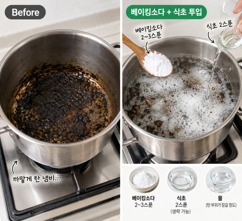 탄 냄비 베이킹소다 식초로 10분 만에 새것처럼 만들기 (복구 후기)