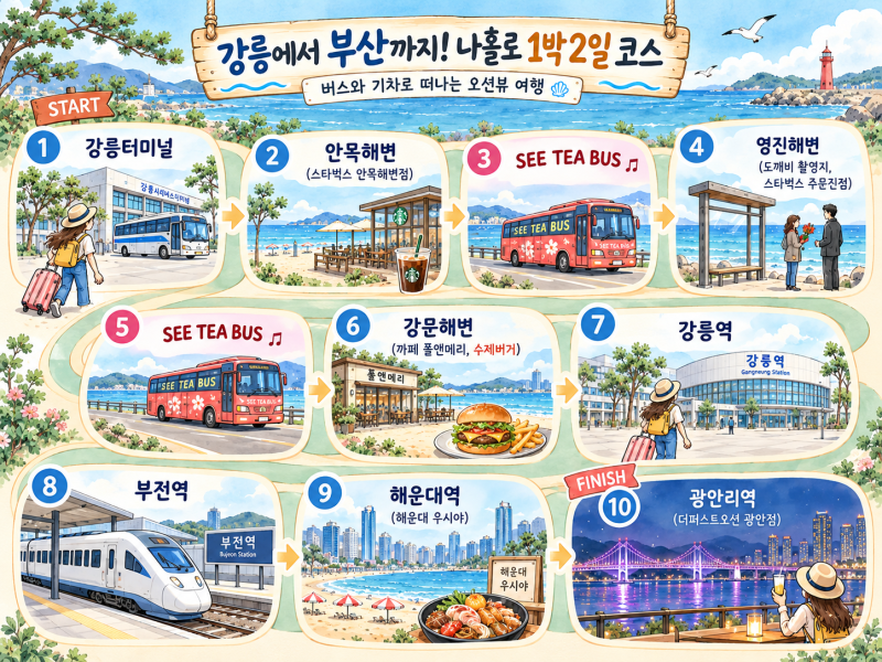 [나홀로국내여행] 강릉에서 부산까지 뚜벅이 1박2일｜강릉시티버스(SEE TEA BUS)·KTX 이음 오션....