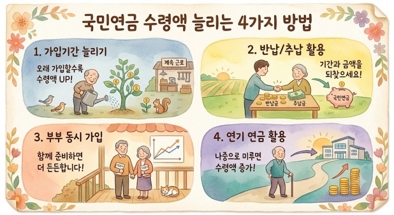 국민연금 더 많이 받는 방법 4가지! 추납·반납·임의계속가입·연기연금, 얼마나 받을까?