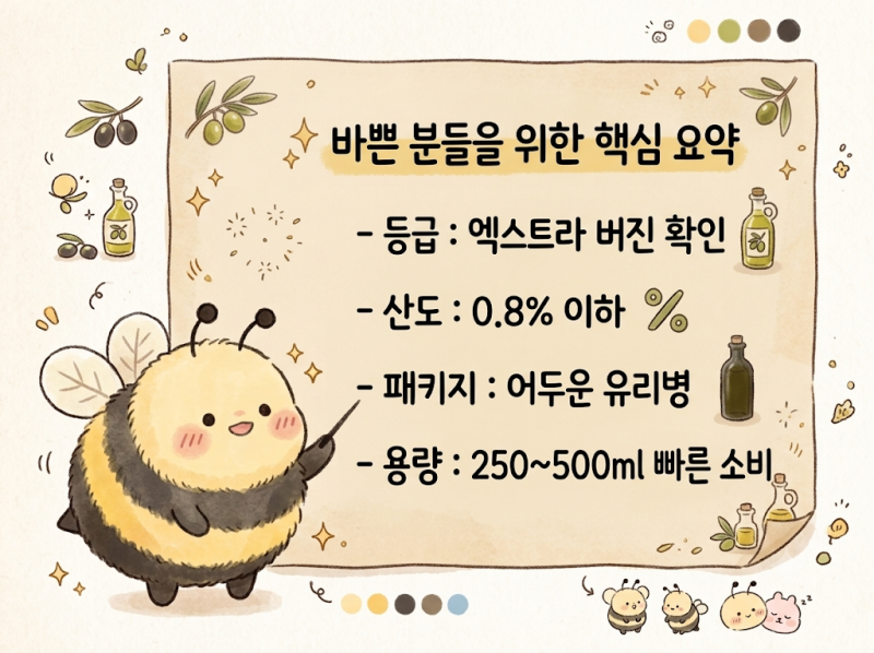 엑스트라 버진 올리브유 고르는 법: 산도 0.8% 이하 가성비 필수 체크리스트