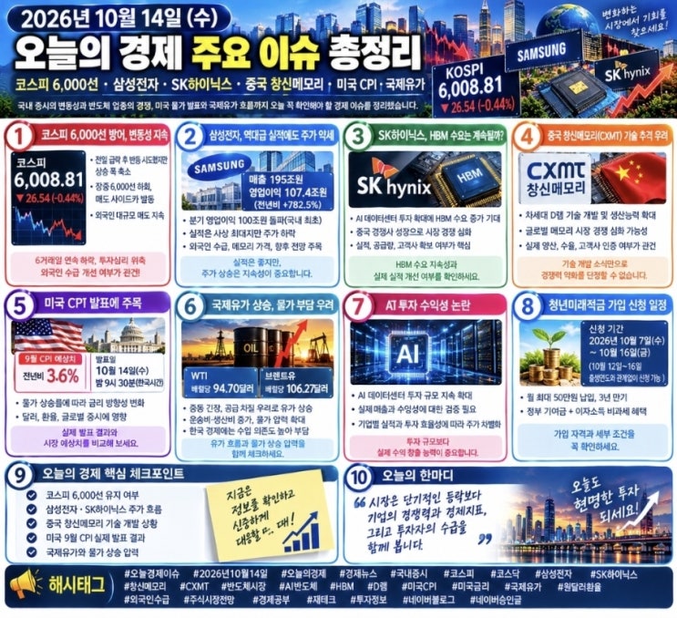 2026년 10월 14일 오늘의 경제 주요 이슈 총정리｜코스피 6,000선·반도....