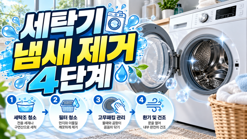 세탁기 냄새 제거방법｜드럼세탁기·통돌이 통세척부터 고무패킹·배수필터 청소까지