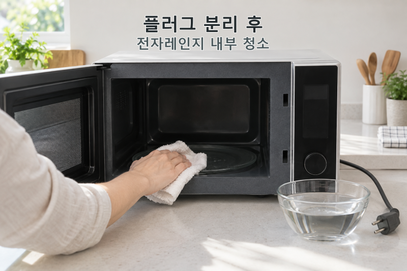 전자레인지 내부 청소, 전원 플러그를 뽑고 중성세제로 닦으세요