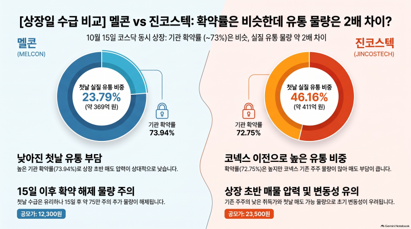 멜콘 진코스텍 상장일 유통물량 비교, 확약률은 비슷한데 매도 가능 물량은 왜 2배 차이? (10....
