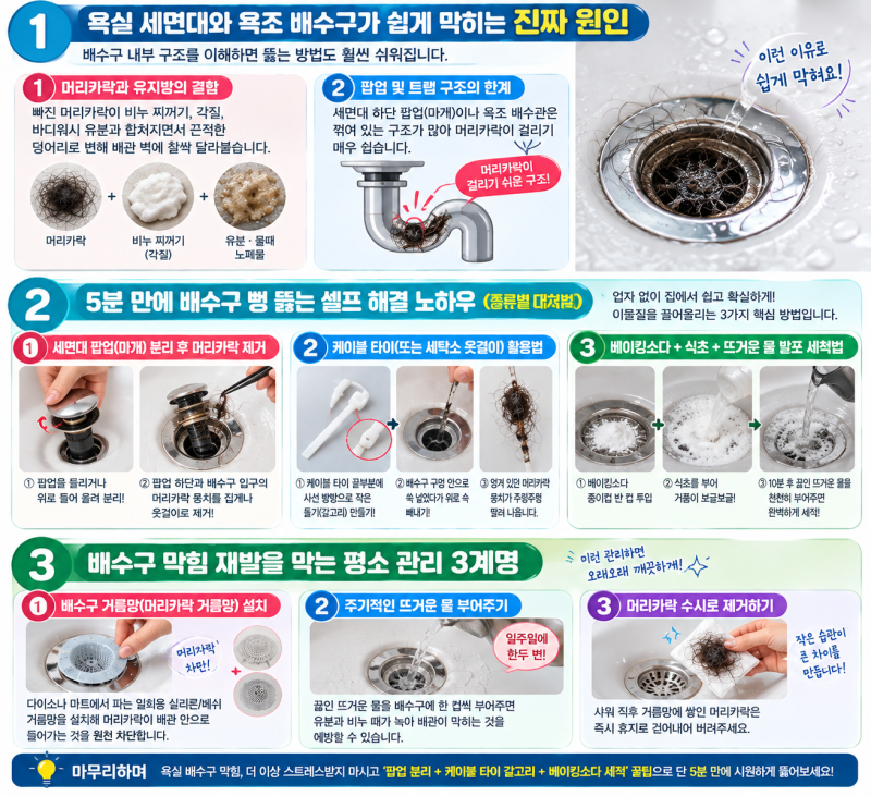 [살림 꿀팁] 머리카락·먼지로 막힌 욕실 세면대·욕조, 영원히 안 뚫릴 줄 알았던 배수구 5분 ....