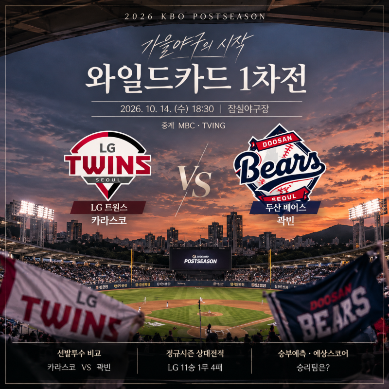 2026 KBO 포스트시즌 LG 두산 와일드카드 1차전 선발 투수 승부예측 중계시간 총정리