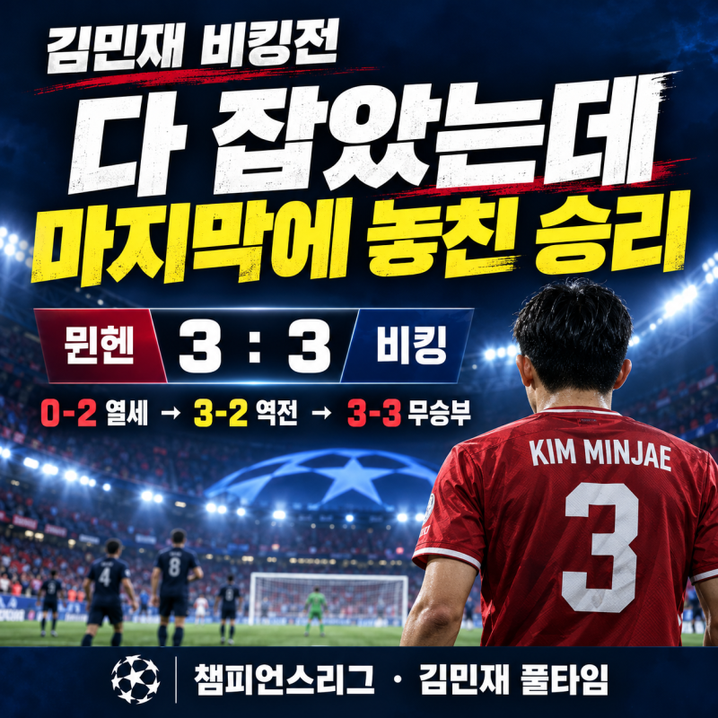“다 잡았는데” 김민재 비킹전…뮌헨 승리가 멀어진 순간