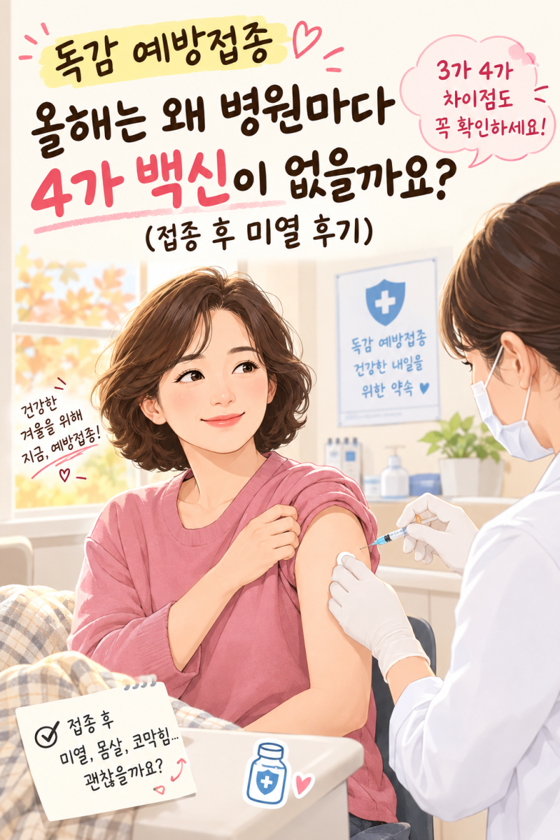 독감 예방접종 후기, 4가 맞고 싶었는데 3가 백신 접종 후 몸살 기운과 코막힘증상.