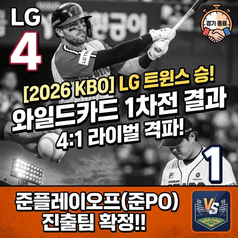[2026 KBO] LG, 두산 4-1 꺾고 준플레이오프 진출! 오스틴 결승 투런포·카라스코 호투 (와일드카....