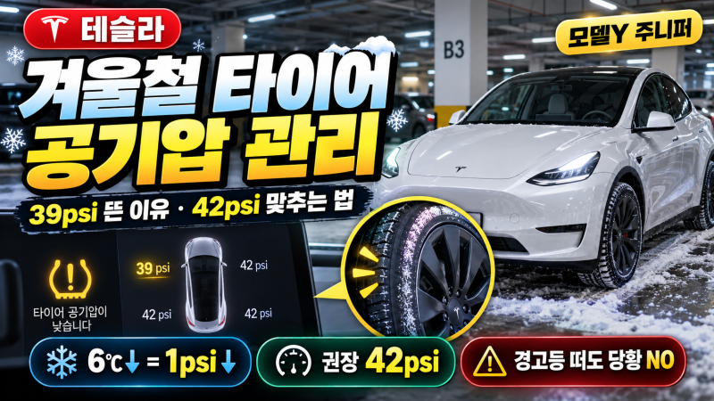 [테슬라 겨울철 관리][타이어 공기압] 테슬라 모델Y 경고등 떠서 알아본 타이어 관리법 — 테....