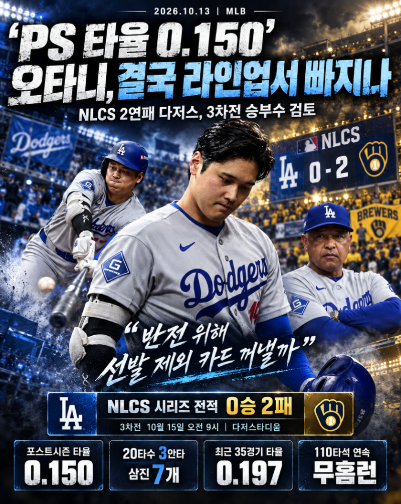 오타니 선발 제외 vs 휴식 차이, NLCS 3차전 기록으로 봅니다