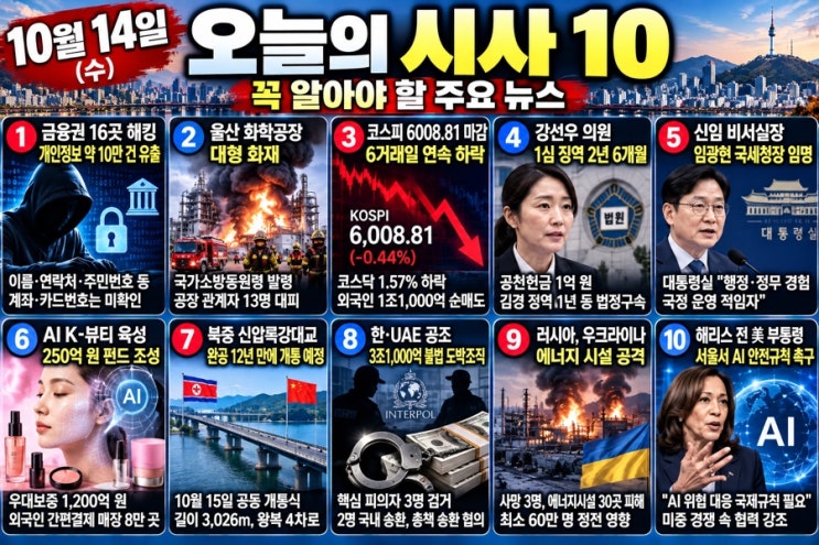 [시사] 2026년 10월 14일 오늘의 주요 뉴스 10가지｜금융권 해킹·코스....