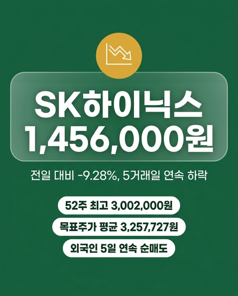 SK하이닉스 주가 1,456,000원 -9.28% "5거래일 연속 하락" 주가전망 목표주가
